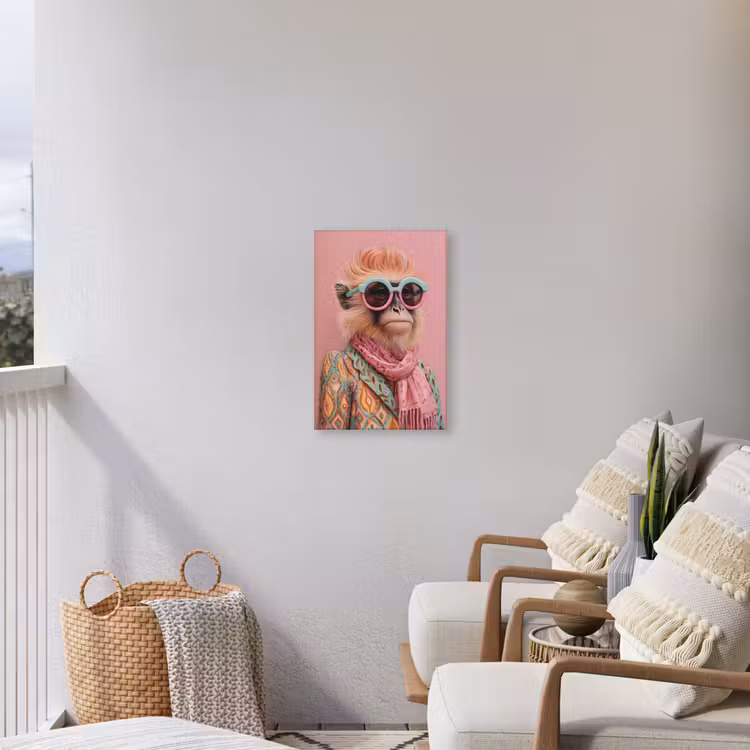 Sjaal - Aap - Zonnebril - Jasje Tuinposter op houten frame 2 cm dik klein -sfeer1