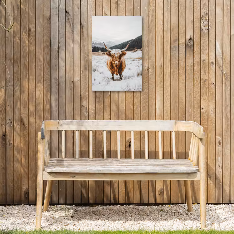 Schotse Hooglander - Landschap - Sneeuw - Bergen - Winter Tuinposter op houten frame 2 cm dik klein -sfeer4