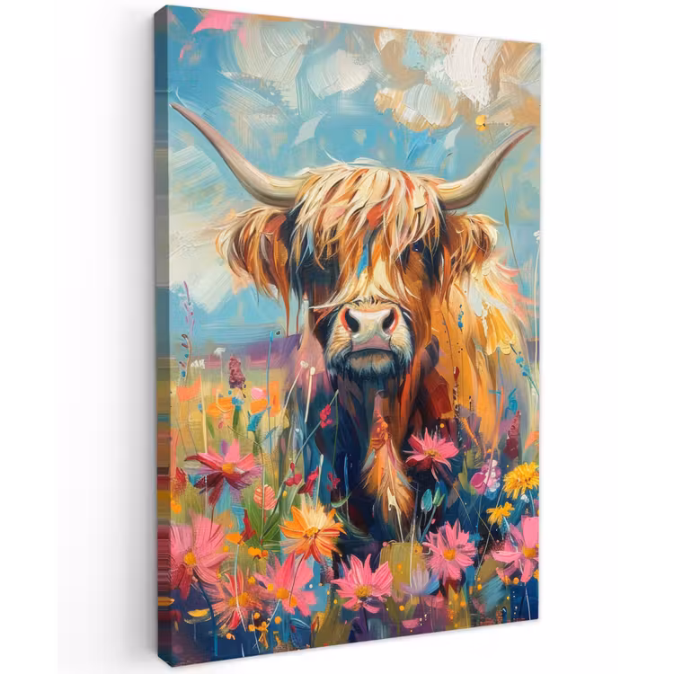 Schotse hooglander - Natuur - Kleurrijk - Bloemen Tuinposter op houten frame 2 cm dik klein -3d