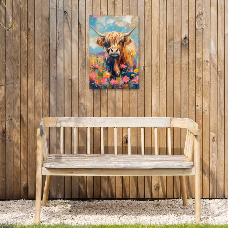 Schotse hooglander - Natuur - Kleurrijk - Bloemen Tuinposter op houten frame 2 cm dik klein -sfeer4