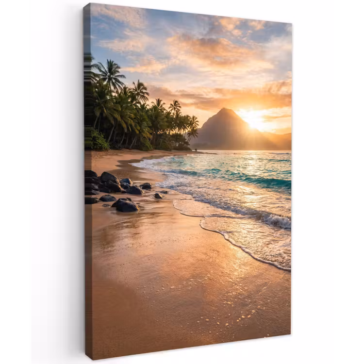 Zee - Berg - Landschap - Tropisch - Goud Tuinposter op houten frame 2 cm dik klein -3d