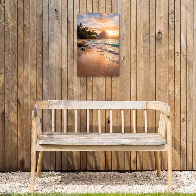 Zee - Berg - Landschap - Tropisch - Goud Tuinposter op houten frame 2 cm dik klein -sfeer4