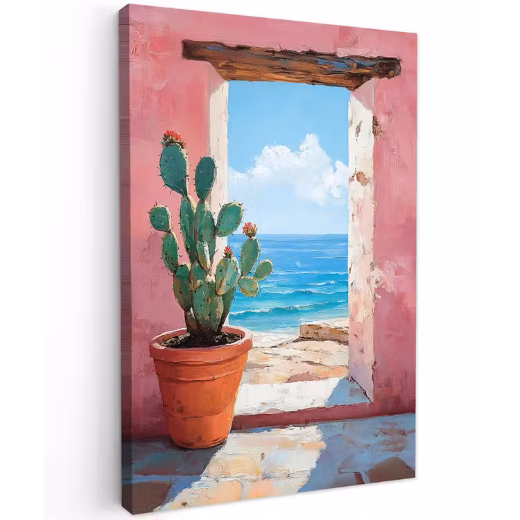 Zee - Roze - Cactus Tuinposter op houten frame 2 cm dik klein -3d