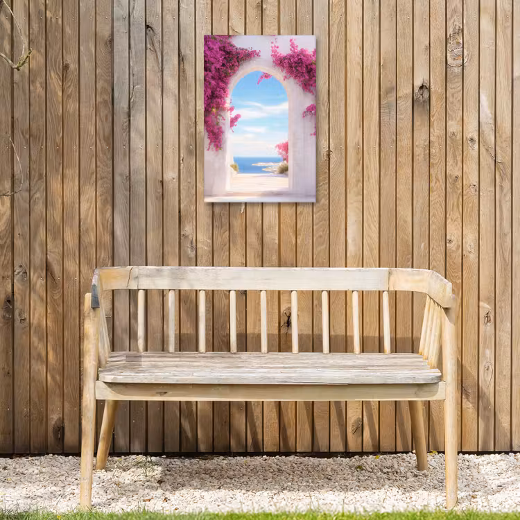 Zee - Roze - Bloemen - Poort Tuinposter op houten frame 2 cm dik klein -sfeer4