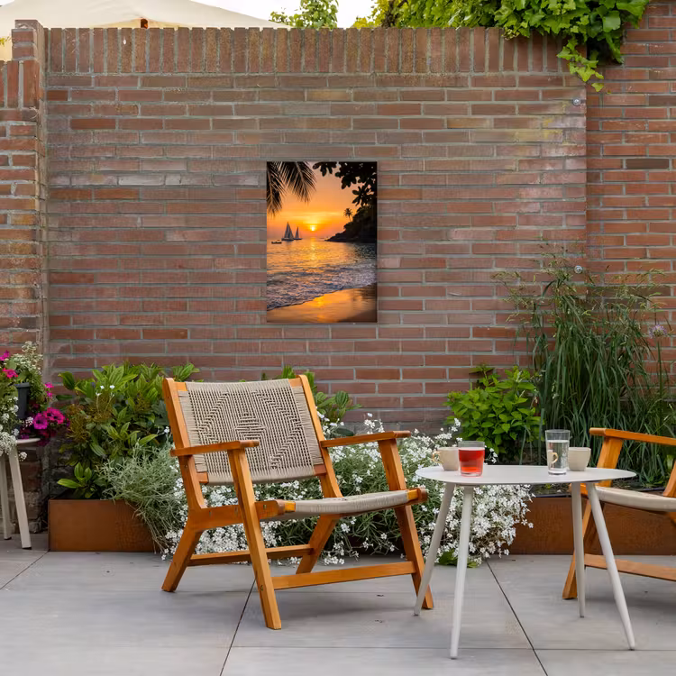 Zee - Zonsondergang - Boot - Natuur - Oranje Tuinposter op houten frame 2 cm dik klein -sfeer3