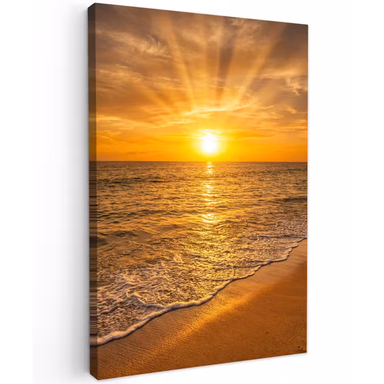 Zee - Zonsondergang - Golven - Kust - Oranje Tuinposter op houten frame 2 cm dik klein -3d
