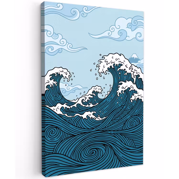 Zee - Golven - Japans - Natuur - Blauw Tuinposter op houten frame 2 cm dik klein -3d