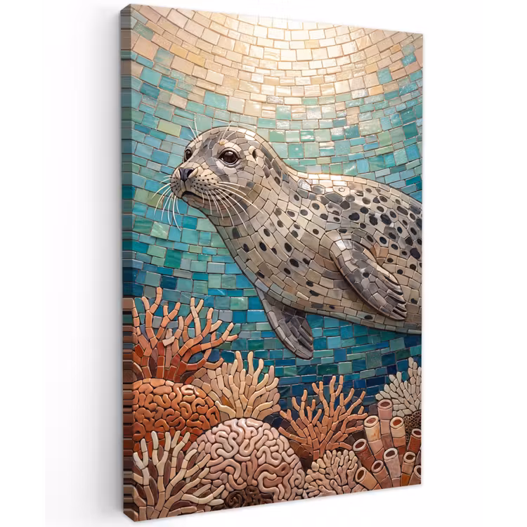 Zeehond - Mozaïek - Onderwater - Dieren - Blauw Tuinposter op houten frame 2 cm dik klein -3d