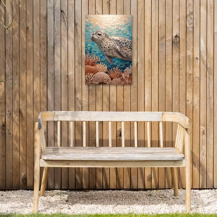 Zeehond - Mozaïek - Onderwater - Dieren - Blauw Tuinposter op houten frame 2 cm dik klein -sfeer4