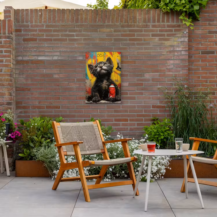 Kitten met Spuitbus Tuinposter op houten frame 2 cm dik klein -sfeer3