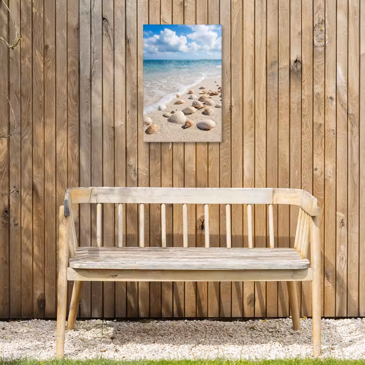 Schelpen - Strand - Natuur - Beige Tuinposter op houten frame 2 cm dik klein -sfeer4