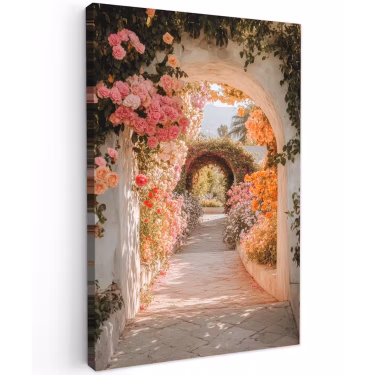 Doorkijk - Boog - Bloemen - Pastel Tuinposter op houten frame 2 cm dik klein -3d