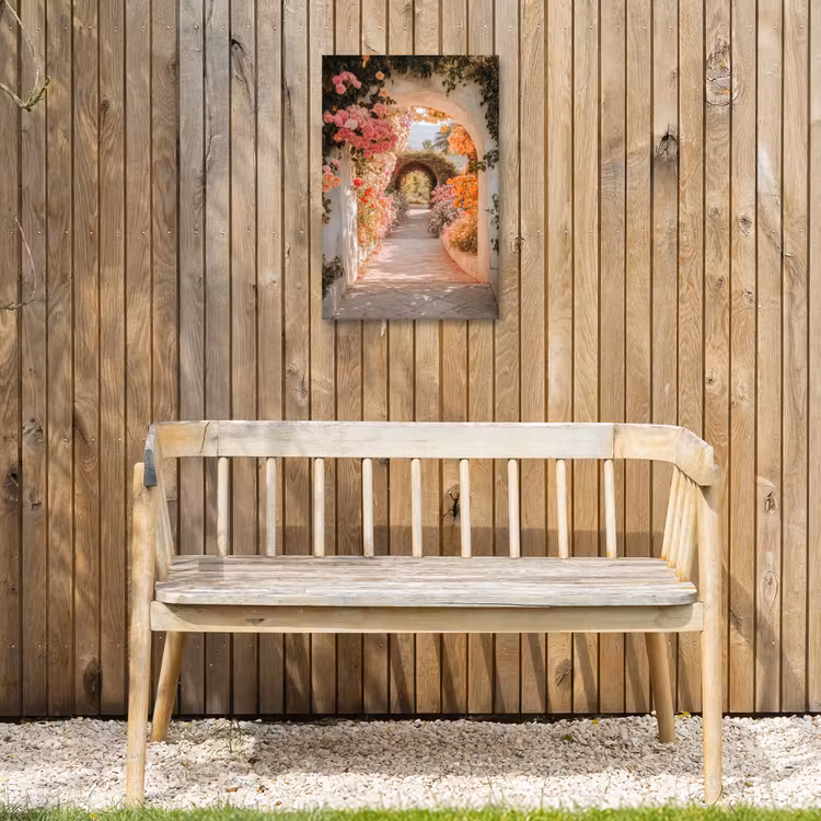 Doorkijk - Boog - Bloemen - Pastel Tuinposter op houten frame 2 cm dik klein -sfeer4