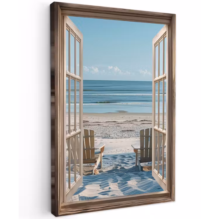 Doorkijk - Strandstoelen - Duinen - Zee - Natuur Tuinposter op houten frame 2 cm dik klein -3d