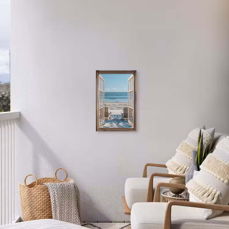 Doorkijk - Strandstoelen - Duinen - Zee - Natuur Tuinposter op houten frame 2 cm dik klein -sfeer1