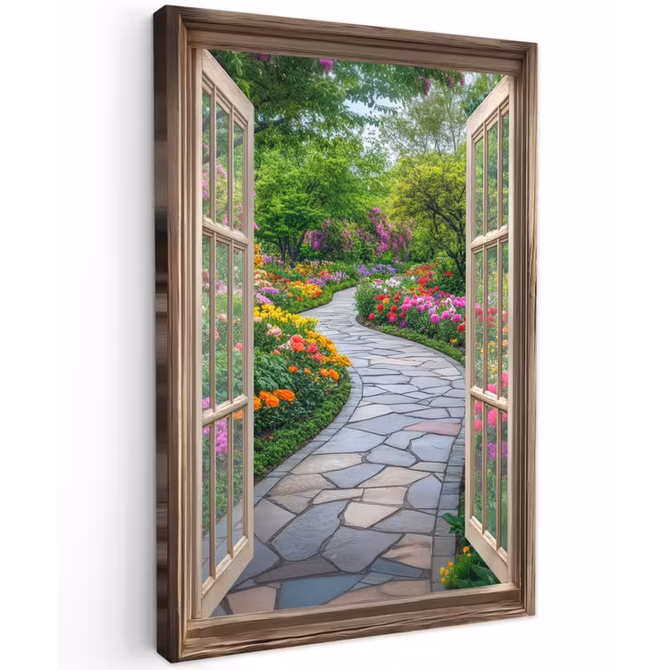 Doorkijk - Bloemen - Tuinpad - Natuur - Raam Tuinposter op houten frame 2 cm dik klein -3d