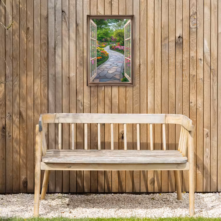 Doorkijk - Bloemen - Tuinpad - Natuur - Raam Tuinposter op houten frame 2 cm dik klein -sfeer4
