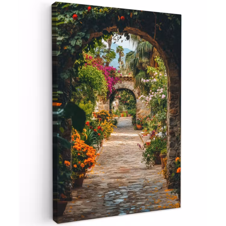 Doorkijk - Bloemen - Poort - Stenen Tuinposter op houten frame 2 cm dik klein -3d