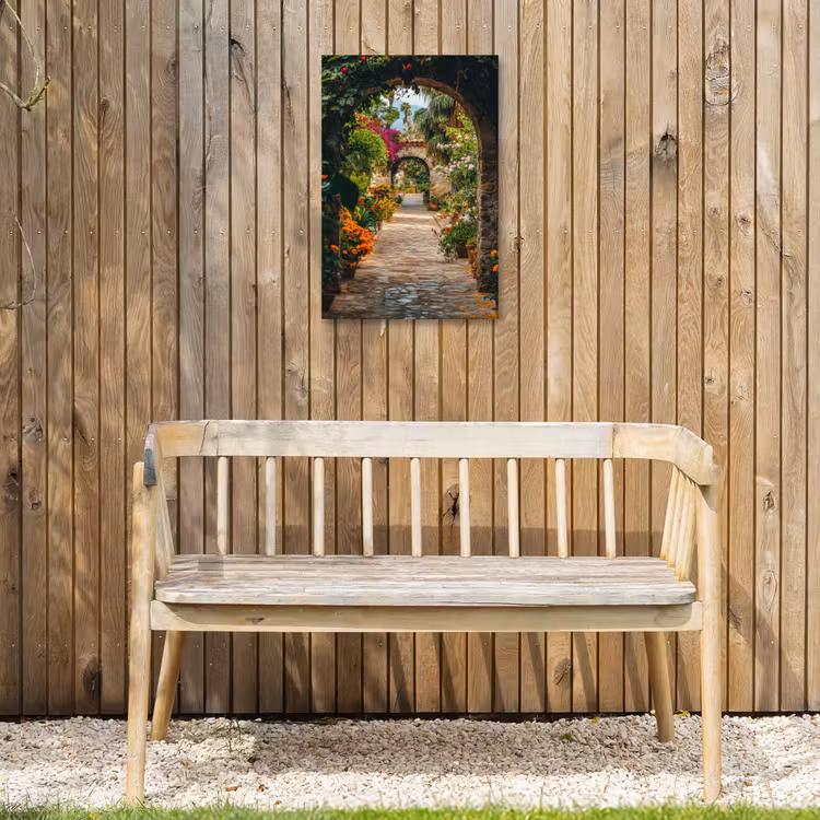 Doorkijk - Bloemen - Poort - Stenen Tuinposter op houten frame 2 cm dik klein -sfeer4
