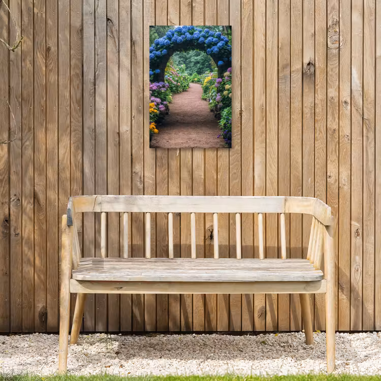 Doorkijk - Bloemen - Hortensia - Pad Tuinposter op houten frame 2 cm dik klein -sfeer4