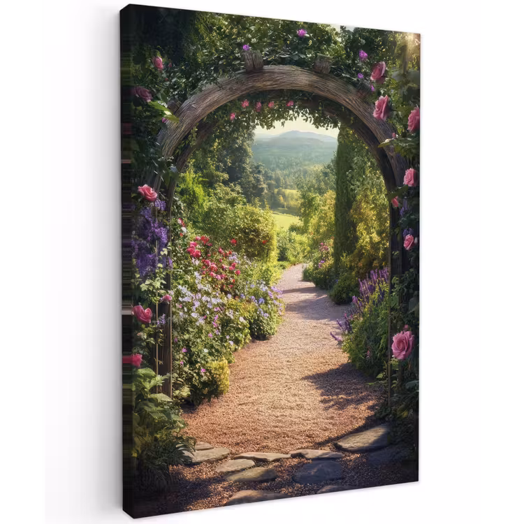 Doorkijk - Bloemen - Natuur - Rozenboog Tuinposter op houten frame 2 cm dik klein -3d