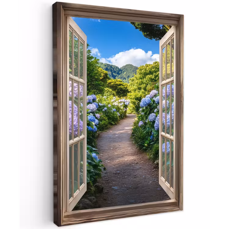 Doorkijk - Hortensia - Pad - Natuur Tuinposter op houten frame 2 cm dik klein -3d