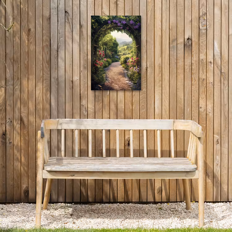 Doorkijk - Landschap - Bloemen - Tuinboog - Natuur Tuinposter op houten frame 2 cm dik klein -sfeer4