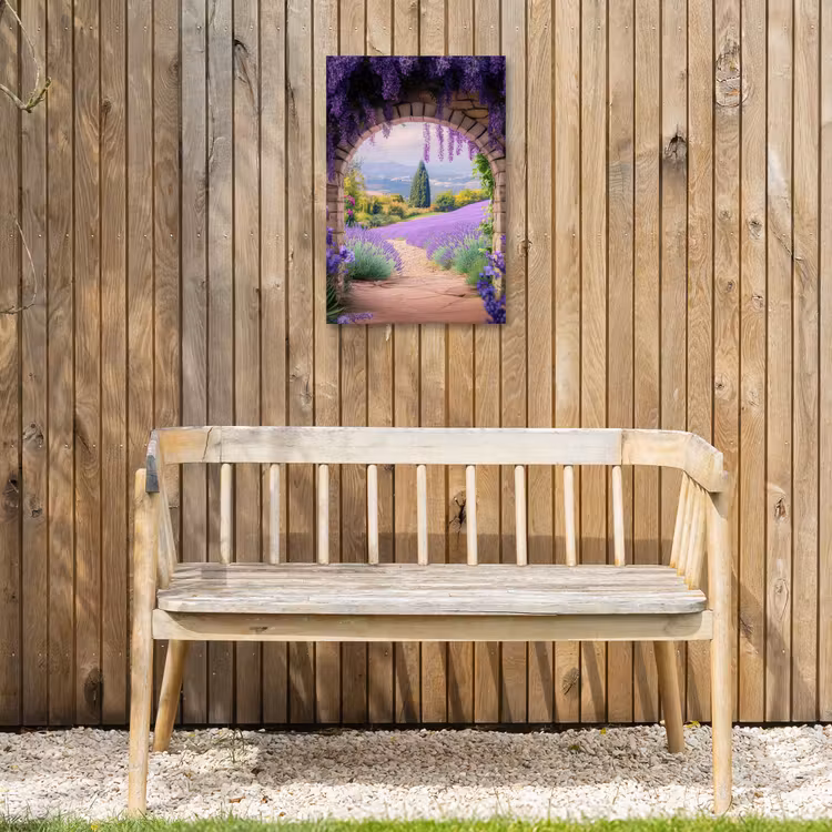 Doorkijk - Lavendel - Bloemen - Paars - Poort Tuinposter op houten frame 2 cm dik klein -sfeer4