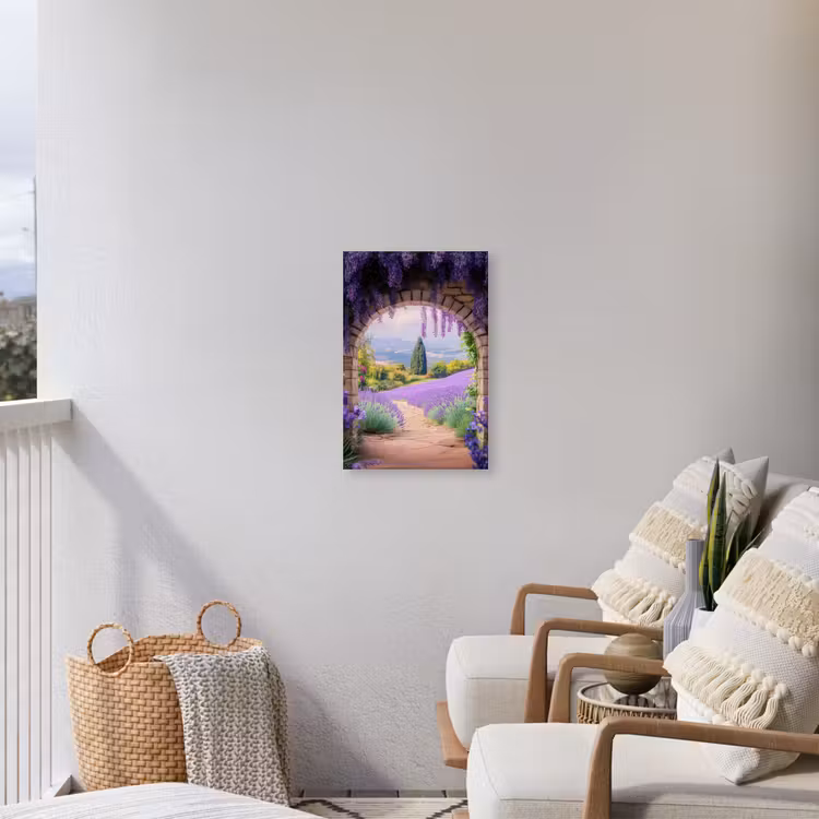 Doorkijk - Lavendel - Bloemen - Paars - Poort Tuinposter op houten frame 2 cm dik klein -sfeer1
