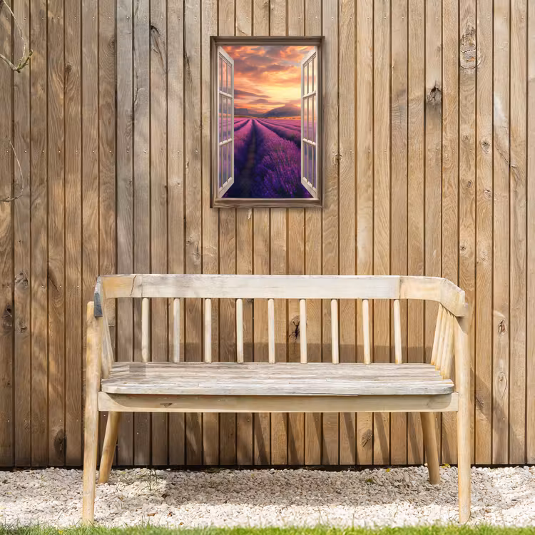Doorkijk - Lavendel - Landschap - Bloemen - Paars Tuinposter op houten frame 2 cm dik klein -sfeer4