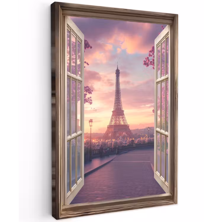 Doorkijk - Parijs - Eiffeltoren - Roze - Kersenbloesem Tuinposter op houten frame 2 cm dik klein -3d