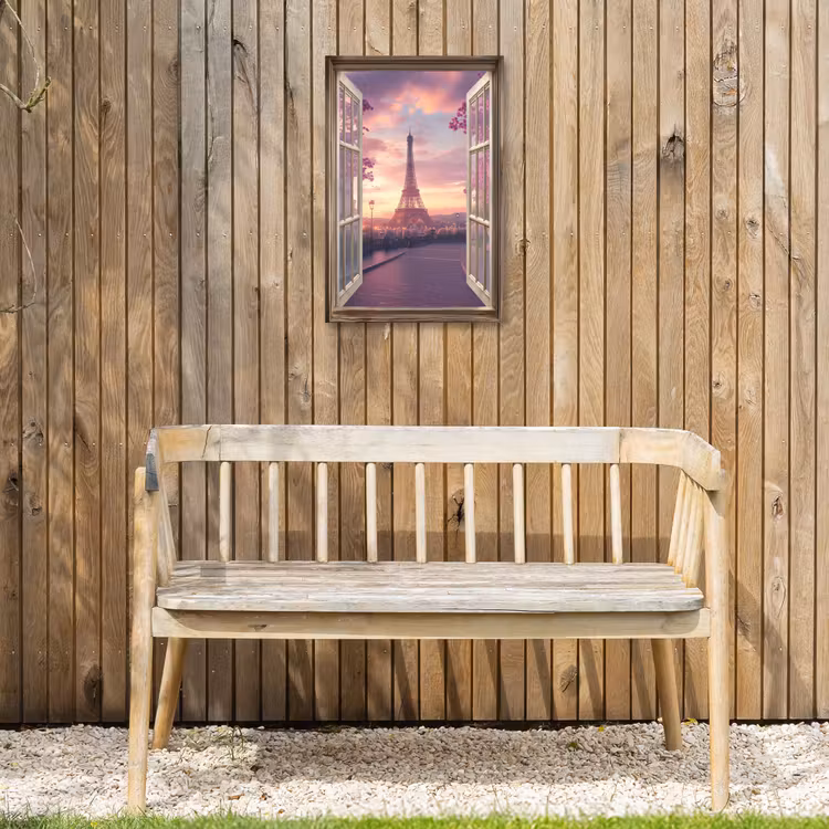 Doorkijk - Parijs - Eiffeltoren - Roze - Kersenbloesem Tuinposter op houten frame 2 cm dik klein -sfeer4