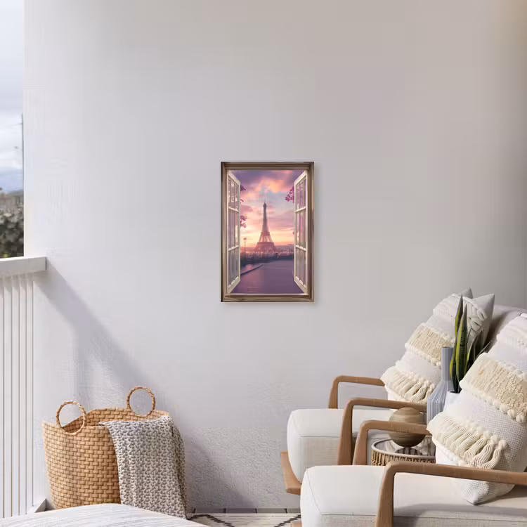 Doorkijk - Parijs - Eiffeltoren - Roze - Kersenbloesem Tuinposter op houten frame 2 cm dik klein -sfeer1