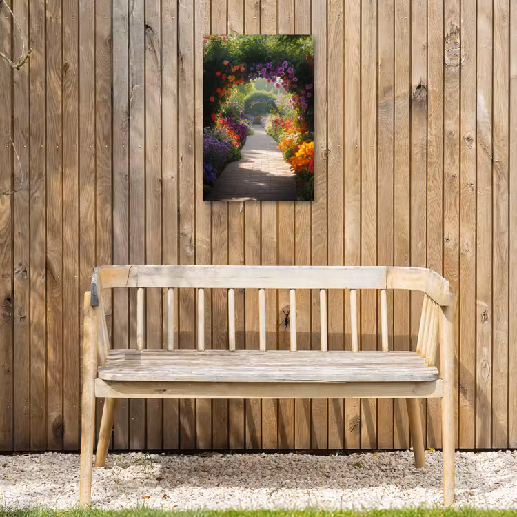 Doorkijk - Pad - Bloemen - Struik - Kleurrijk Tuinposter op houten frame 2 cm dik klein -sfeer4