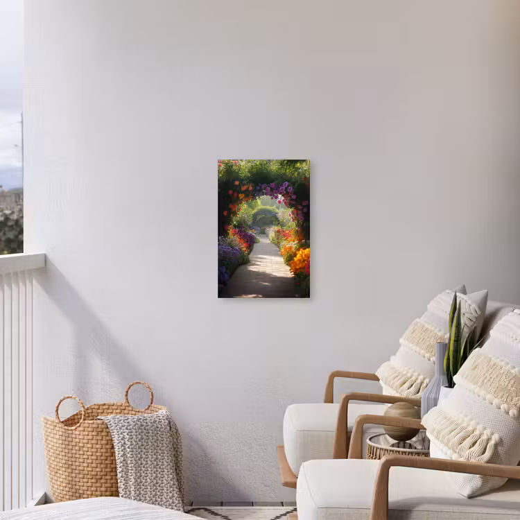 Doorkijk - Pad - Bloemen - Struik - Kleurrijk Tuinposter op houten frame 2 cm dik klein -sfeer1