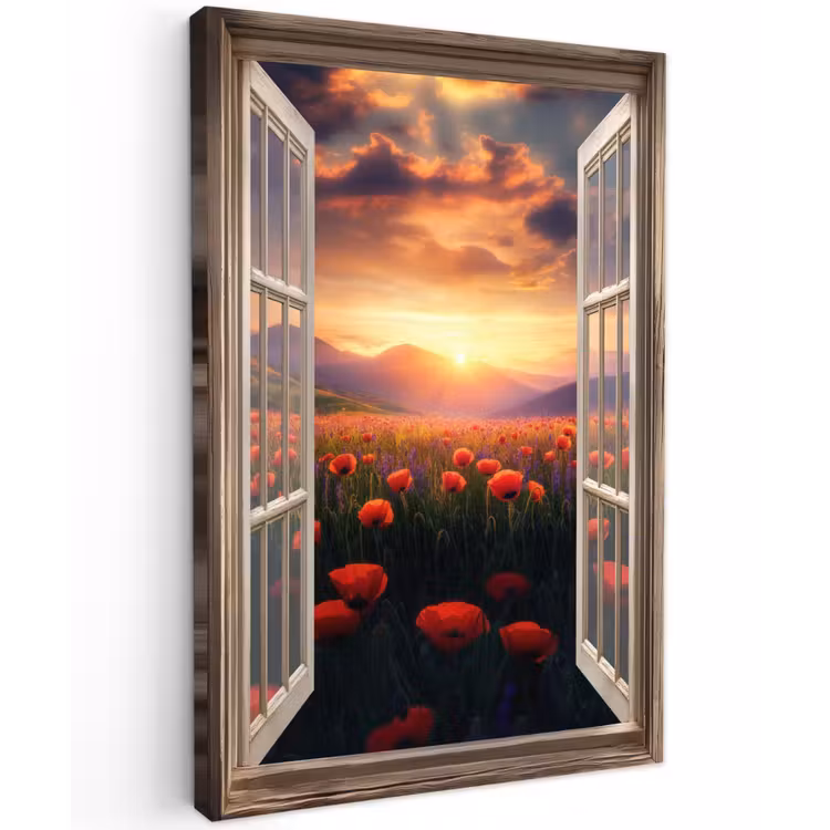 Doorkijk - Klaprozen - Bloemen - Rood - Open raam Tuinposter op houten frame 2 cm dik klein -3d