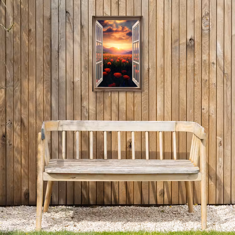 Doorkijk - Klaprozen - Bloemen - Rood - Open raam Tuinposter op houten frame 2 cm dik klein -sfeer4
