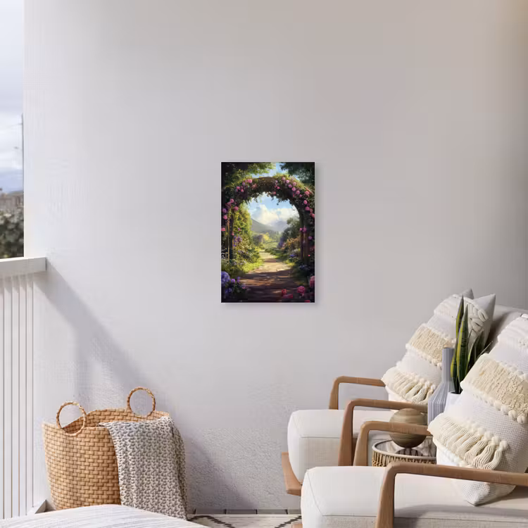 Doorkijk - Rozenboog - Uitzicht - Landschap - Bloemen Tuinposter op houten frame 2 cm dik klein -sfeer1