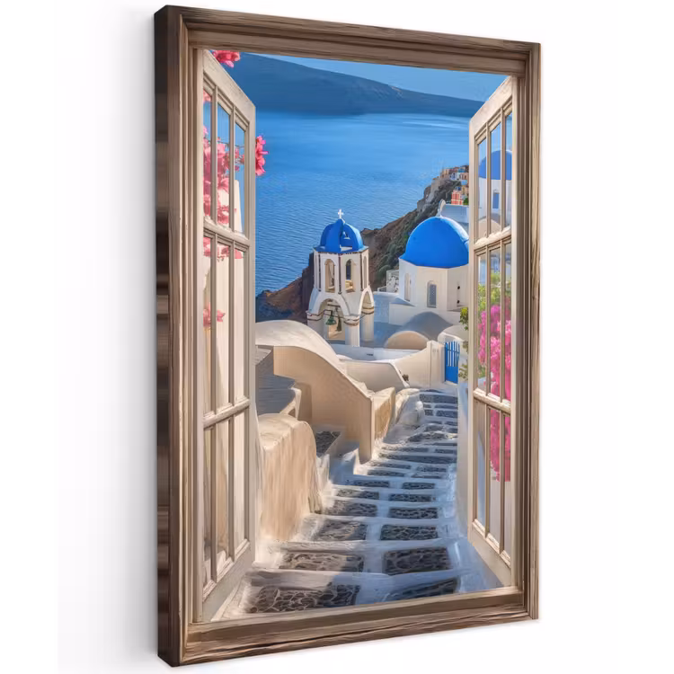 Doorkijk - Santorini - Landschap - Blauw - Grieks Tuinposter op houten frame 2 cm dik klein -3d