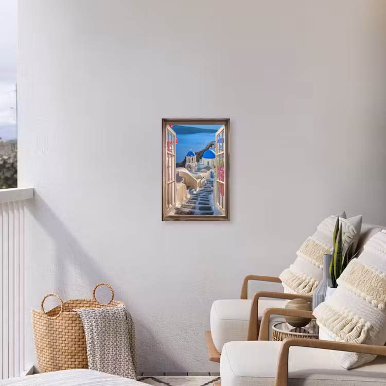 Doorkijk - Santorini - Landschap - Blauw - Grieks Tuinposter op houten frame 2 cm dik klein -sfeer1