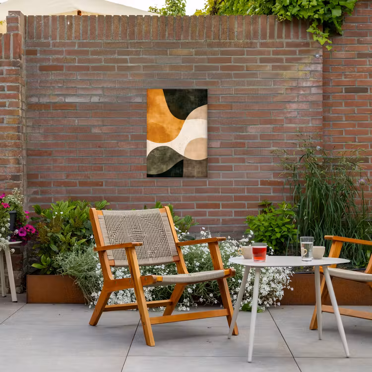 Vormen - Okergeel - Abstract Tuinposter op houten frame 2 cm dik klein -sfeer3