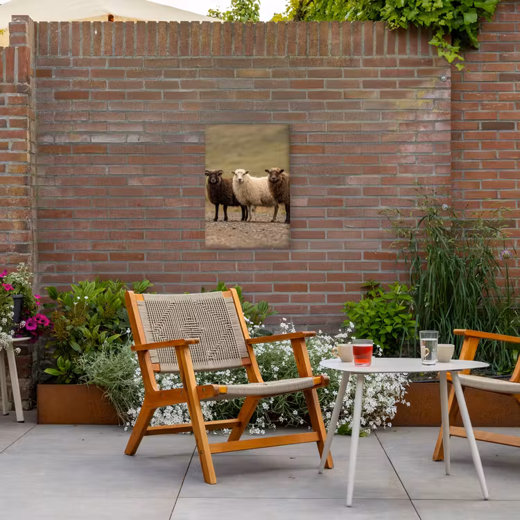 Schapen - Bruin - Wit - Grindpad Tuinposter op houten frame 2 cm dik klein -sfeer3