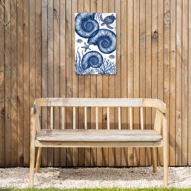 Schelp - Spiraal - Zeeleven - Aquarel - Blauw Tuinposter op houten frame 2 cm dik klein -sfeer4