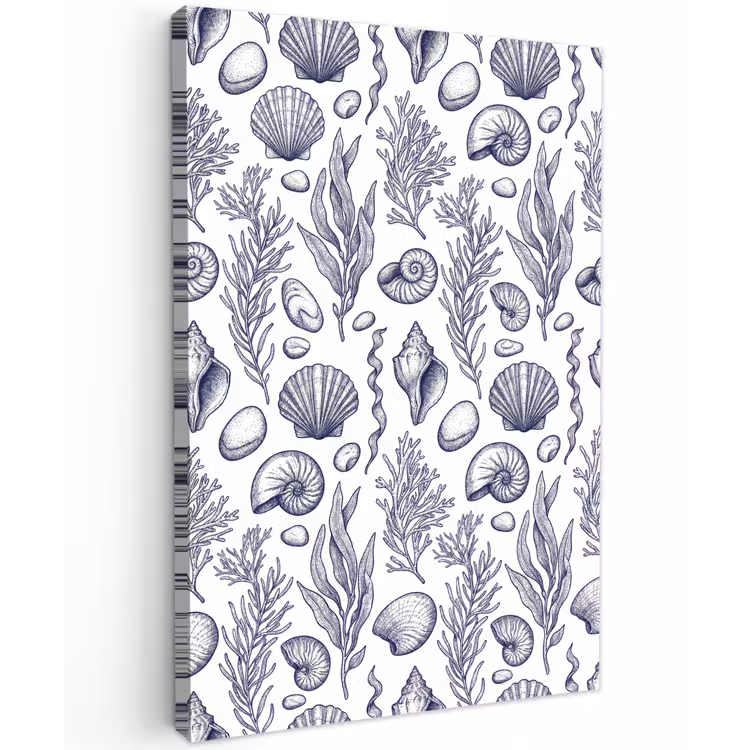 Schelpen - Zeewier - Oceaan - Illustratie - Blauw Tuinposter op houten frame 2 cm dik klein -3d