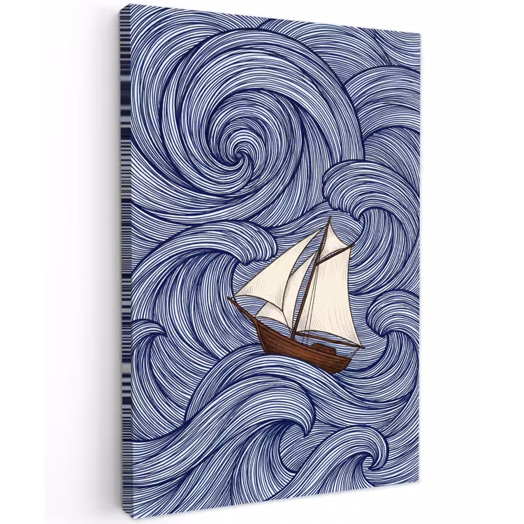 Schip - Golven - Zee - Illustratie - Blauw Tuinposter op houten frame 2 cm dik klein -3d