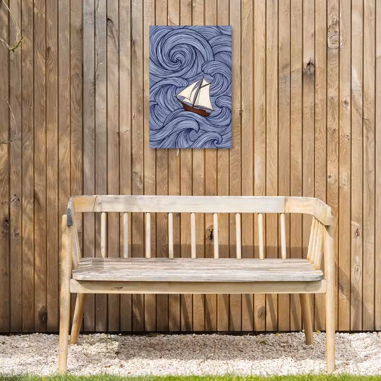 Schip - Golven - Zee - Illustratie - Blauw Tuinposter op houten frame 2 cm dik klein -sfeer4