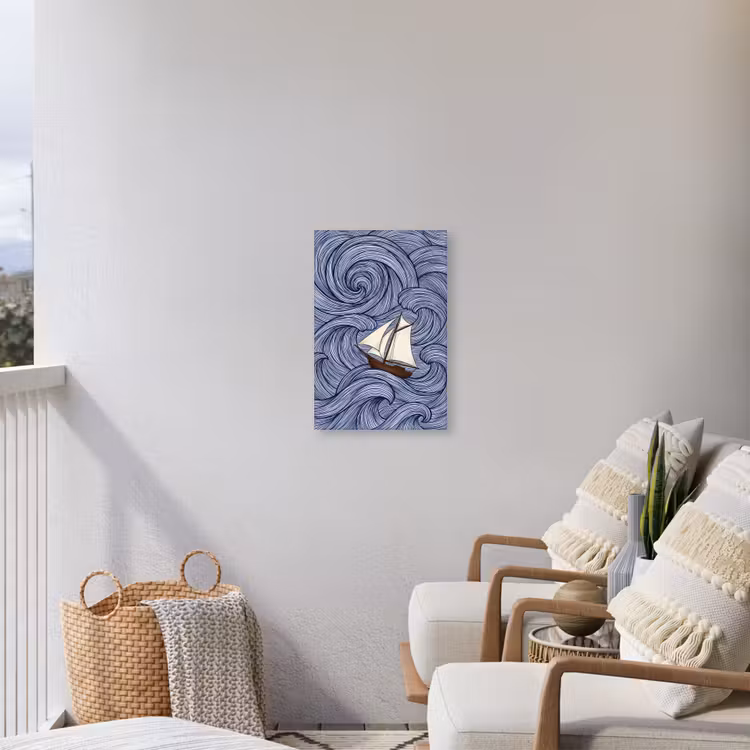 Schip - Golven - Zee - Illustratie - Blauw Tuinposter op houten frame 2 cm dik klein -sfeer1