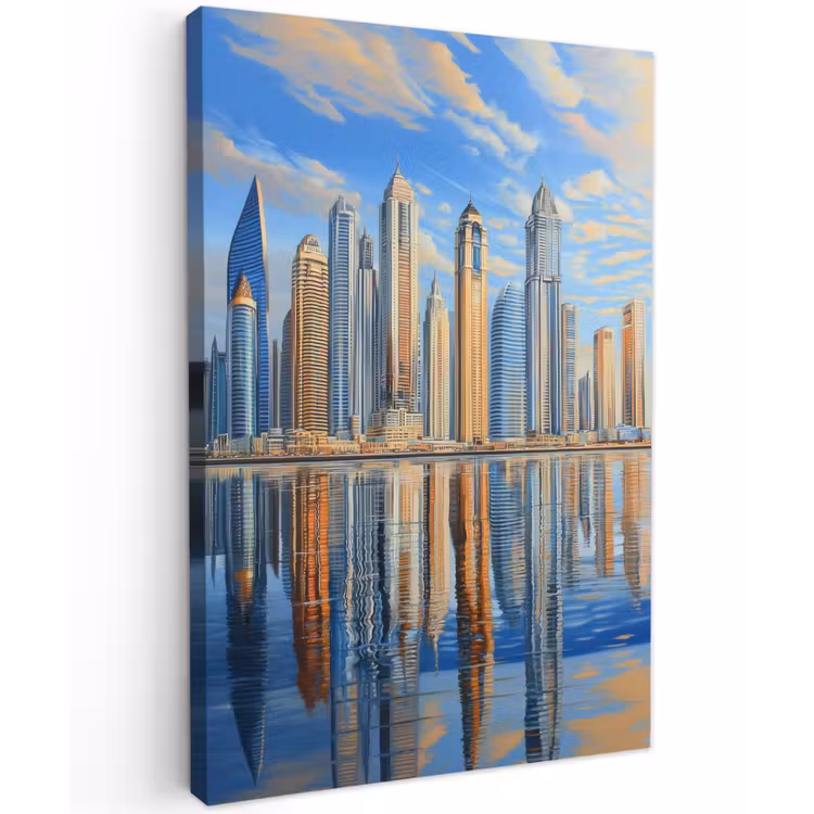 Skyline - Wolkenkrabbers - Water - Blauw Tuinposter op houten frame 2 cm dik klein -3d