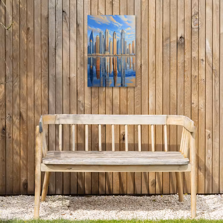 Skyline - Wolkenkrabbers - Water - Blauw Tuinposter op houten frame 2 cm dik klein -sfeer4