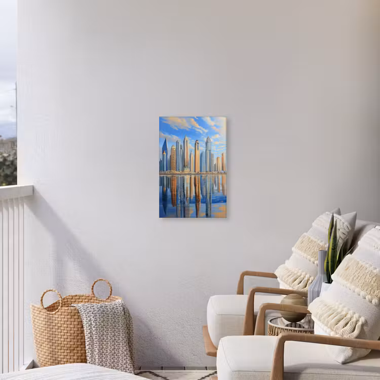 Skyline - Wolkenkrabbers - Water - Blauw Tuinposter op houten frame 2 cm dik klein -sfeer1